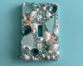 Seashells Starfish and Aqua Glass Beads Single Light Switch Plate Cover - Aqua and White