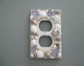Seaglass and Seashell Single Outlet Plate Cover - Soft Lavender and White