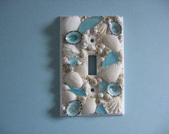 Seashell and Seaglass Encrusted Single Light Switch Plate Cover - Aqua and White