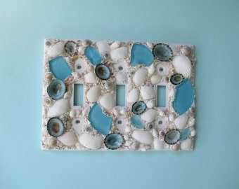 Seashell and Seaglass Triple Light Switch Plate Cover - Aqua and White