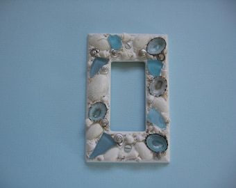 Seaglass and Seashell Light Switch Plate Cover - Single Rocker White and Aqua