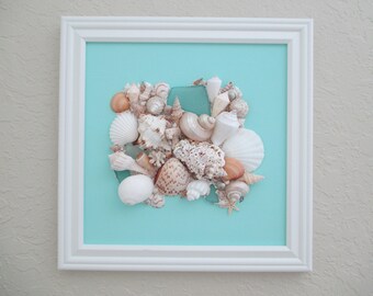 Framed Seashell Collage - White and Tan on Aqua