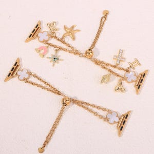 Gold Apple Watch Band with Charms: Adjustable Stainless Steel Bracelet