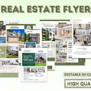 Green Editable Real Estate Flyer Bundle | Editable Listing Flyers | Real Estate Marketing | For Sale Flyer | Open House Flyer | Canva