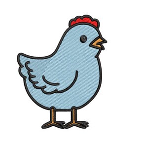 Può includere: Un pollo di cartone animato blu con una cresta rossa e occhi neri. Il pollo è in piedi su due gambe gialle.
