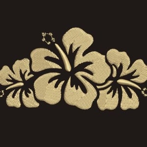 May include: Embroidered design of three gold hibiscus flowers on a black background.