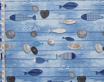 Blue beach fabric wooden board walk ocean fish stones interior home decorating curtain cushion material BTY  1 yard