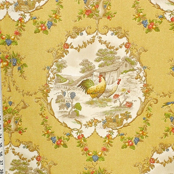 Yellow rooster fabric French country chicken toile interior home decorating material cotton  traditional decor 1 yard