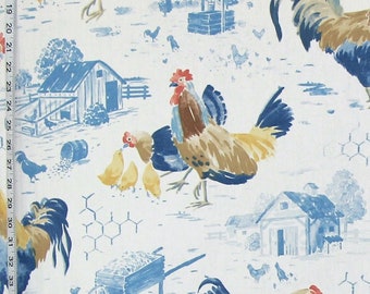 Blue rooster chicken toile fabric country farm decor  interior home decorating material 1 yard