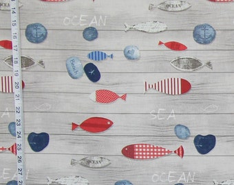 Beach wooden board walk ocean fabric red blue fish stones interior home decorating curtain cushion material BTY  1 yard