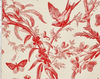 Red toile fabric bird flower interior home decorating material  cotton by the yard