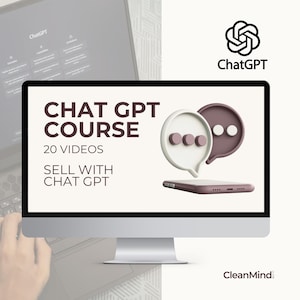 Puede incluir: Un monitor de computadora muestra un anuncio de "Chat GPT Course". La pantalla muestra el texto "Chat GPT Course, 20 videos, Vender con Chat GPT" con un gráfico de dos burbujas de diálogo y un teléfono inteligente. El logotipo de ChatGPT está en la esquina superior derecha.