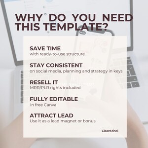 May include: A laptop and smartphone are in the background of a white square with text. The text reads: "WHY DO YOU NEED THIS TEMPLATE?" followed by bullet points: "SAVE TIME", "STAY CONSISTENT", "RESELL IT", "FULLY EDITABLE", and "ATTRACT LEAD".