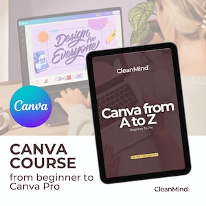 Può includere: Un tablet digitale che mostra un corso intitolato "Canva dalla A alla Z: Da principiante a professionista" di CleanMind. Il corso è per account Canva gratuiti e professionali.