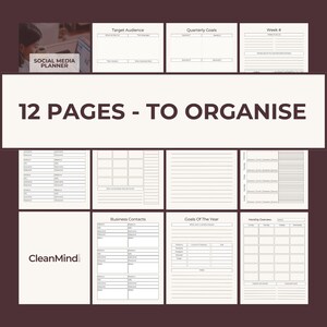 May include: A 12-page social media planner for content organisation. Features include sections for target audience, quarterly goals, weekly planning, business contacts, and yearly goals. The CleanMind logo is displayed.