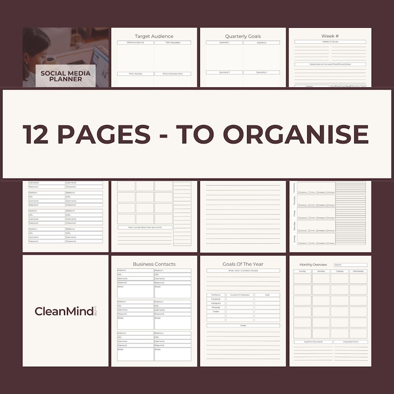 May include: A 12-page social media planner for content organisation. Features include sections for target audience, quarterly goals, weekly planning, business contacts, and yearly goals. The CleanMind logo is displayed.