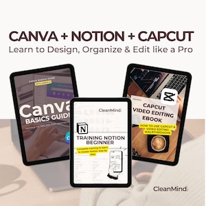May include: An image showcasing three tablets with educational content. The tablets display the text "CANVA + NOTION + CAPCUT" and "Learn to Design, Organize & Edit like a Pro." The content includes guides and ebooks for design, organization, and video editing.