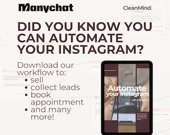 May include: A pink and white graphic with the text "Did you know you can automate your Instagram?" and a screenshot of a tablet displaying a guide titled "Automate your Instagram with Manychat".