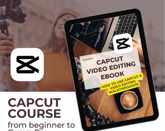 May include: A digital tablet displaying a graphic for a Capcut video editing ebook. The ebook cover features a laptop, a coffee cup, and a camera on a tripod. The text on the cover reads "Capcut Video Editing Ebook" and "How to use Capcut & Video Editing Walkthroughs". The text on the tablet screen also includes the text "CleanMind".