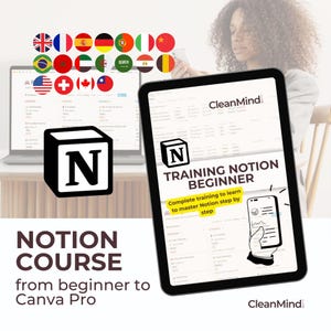 Peut inclure: Une tablette numérique affichant un cours Notion pour débutants. Le cours est intitulé "Formation Notion Débutant" et comprend un guide étape par étape pour maîtriser l'application. La tablette est sur un bureau avec un ordinateur portable en arrière-plan. L'écran de l'ordinateur portable affiche un espace de travail Notion avec une grande icône "N".