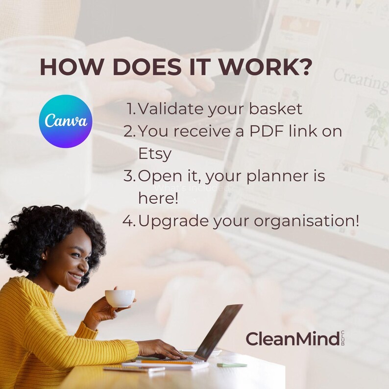 May include: A woman in a yellow jumper uses a laptop, holding a cup. Text reads "HOW DOES IT WORK?" with steps: Validate basket, receive PDF link on Etsy, open planner, and upgrade organisation. The Canva logo is visible.