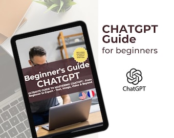 May include: A tablet displays a guide titled "Beginner's Guide ChatGPT" with the subtitle "Ultimate Guide to Mastering ChatGPT". The image includes a laptop, the ChatGPT logo, and the text "ChatGPT Guide for beginners".