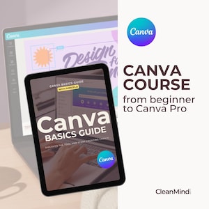 Peut inclure: Une tablette numérique affichant un guide Canva Basics avec le texte "Canva Basics Guide with MRR/PLR. Discover the tool and start creating easily!" La tablette est posée sur une surface en bois devant un écran d'ordinateur portable avec le logo Canva et le texte "Design for more".