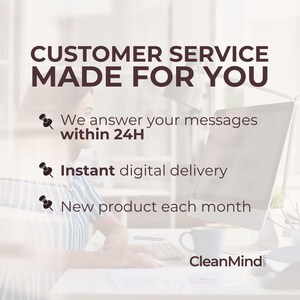 May include: An image promoting customer service, with the text "CUSTOMER SERVICE MADE FOR YOU." It lists benefits: messages answered within 24 hours, instant digital delivery, and new products monthly. A person is using a computer.
