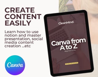 May include: A digital tablet displays the text "Canva from A to Z" with "Beginner To Pro" below it. The tablet is black with a white border. The image also includes the text "Create Content Easily" and "Canva".