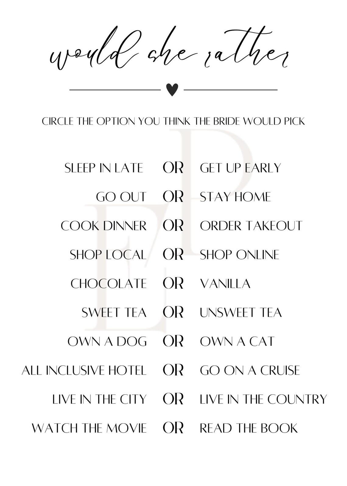 Would She Rather Printable Bridal Shower Game Customizable Minimalist ...