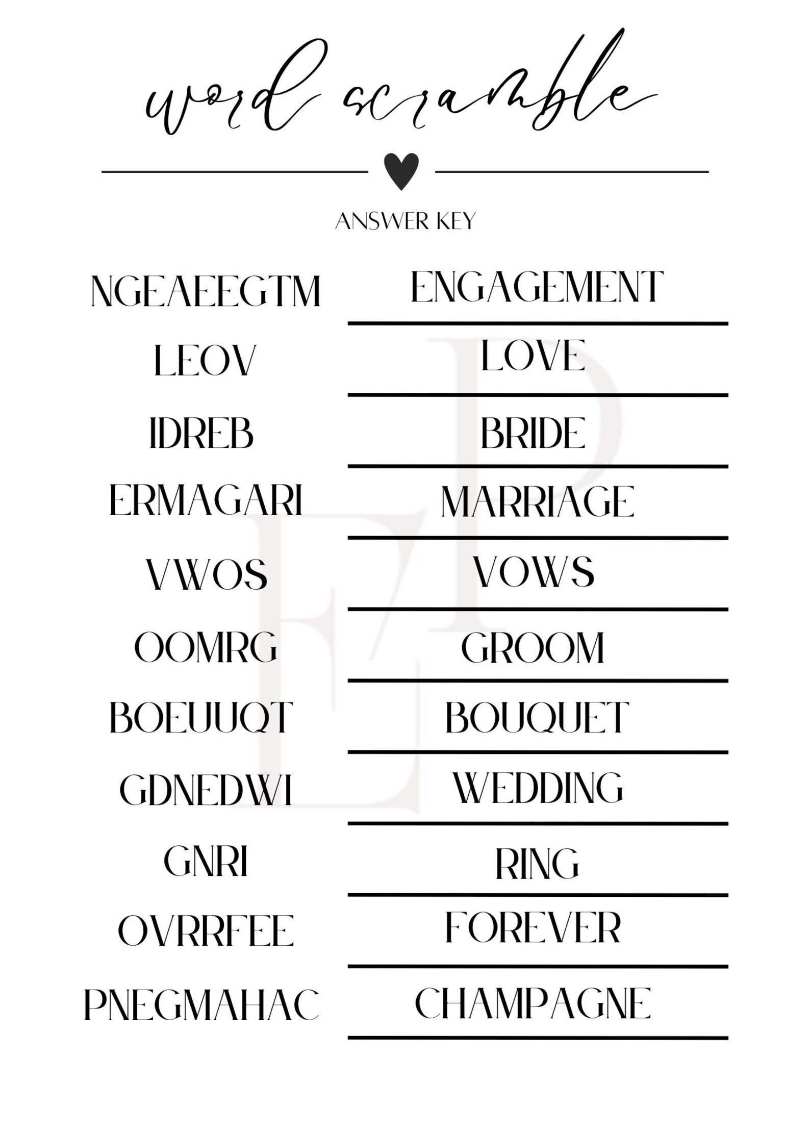 Wedding Word Scramble Printable Bridal Shower Game Customizable Minimalist Design by ...