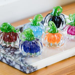 Puede incluir: Una colección de seis pequeñas calabazas de vidrio soplado a mano en varios colores, incluyendo rojo, azul, negro, naranja y rosa. Cada calabaza presenta un cuerpo de vidrio transparente con nervaduras verticales y un tallo verde curvado.