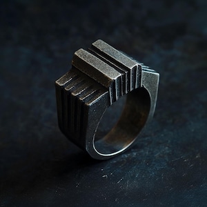 Silver Brutalist Ring for Men – Unique Sterling Silver Ring – Futuristic Vise Cocktail Ring – Blacksmith Ring - Modernist Jewelry Gift