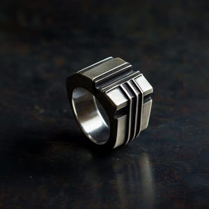 Sterling Silver Brutalist Ring: Futuristic Industrial Jewelry