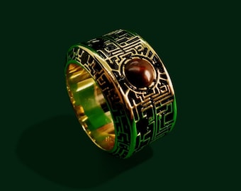 Futuristischer Blutstein Ring - Gold Edelstein Ring - Einzigartiger Sci-Fi Ring für Männer - Geschenk für Ehemann