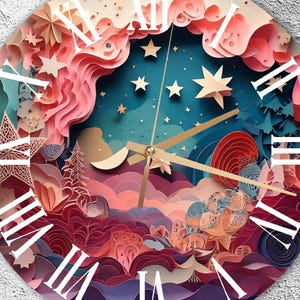 May include: A round wall clock with a layered paper art design. The clock face features a night sky scene with stars, clouds, and a crescent moon. The clock hands are gold, and the numerals are white Roman numerals.