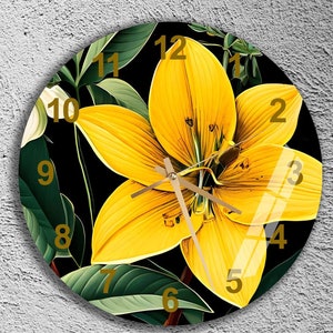 Tempered Glass Wall Clock, Yellow Wall Clock, Floral Wall Clock, Botanical Wall Clock, Colorful Wall Clock, Gift for Her, Bedroom Wall Clock