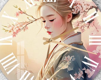 Cherry Blossom Art Glass Wall Clock: Elegant Floral Portrait Design