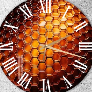 Tempered Glass Wall Clock, Artistic Wall Art, Minimalist Decorative Gift, Modern Wall Decor, Unique Gift Idea, Honeycomb Accent Decor