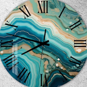 Horloge murale en verre trempé, art mural artistique, cadeau décoratif vert, décoration avec marbre, horloge murale dorée, idée cadeau unique, cadeau pour elle