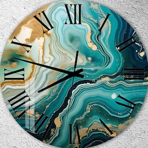 Horloge murale en verre trempé, art mural artistique, cadeau décoratif vert, décoration murale en marbre, horloge murale ondulée, idée cadeau unique, cadeau pour elle