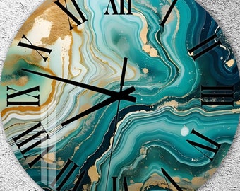 Wandklok van gehard glas: Groen marmerkunst, stil decor
