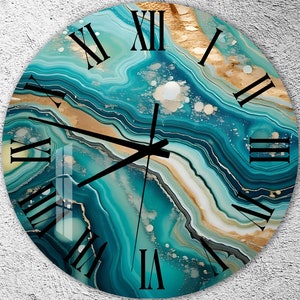 Horloge murale en verre trempé, oeuvre d&#39;art murale, cadeau décoratif en marbre, décoration murale verte, horloge murale ondulée, idée cadeau unique, cadeau pour elle