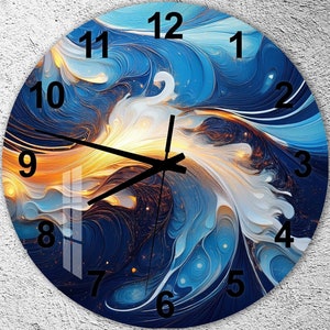 Horloge murale en verre trempé, art mural artistique, cadeau décoratif doré, décoration murale bleu parlement, idée cadeau unique, cadeau pour elle