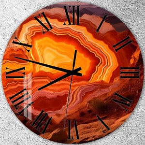 Tempered Glass Wall Clock, Artistic Wall Art, Orange Decorative Gift, Geode Wall Decor, Red Dust Wall Clock, Unique Gift Idea, Gift for Her
