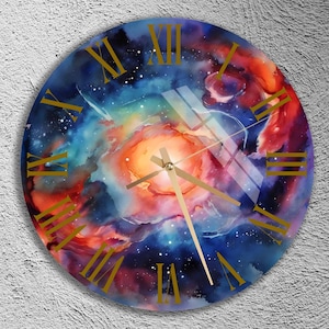 Reloj de pared de vidrio templado, reloj de pared abstracto, arte espacial, reloj de pared galaxia, reloj de pared del universo, decoración cósmica, reloj de pared de astronomía