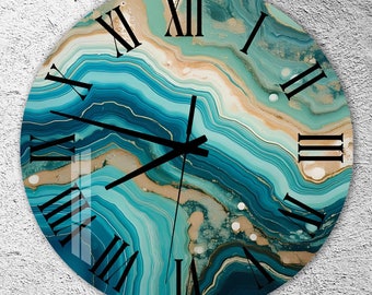 Wandklok van gehard marmerglas: groene en gouden artistieke decoratie