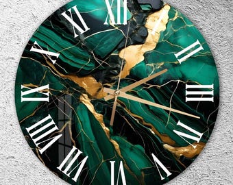 Gouden groene wandklok van gehard glas met marmerlook: stille kunstdecoratie voor de woonkamer.