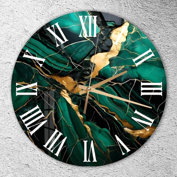 Golden Green Marble-Like Tempered Glass Wall Clock: Silent Art Decor for Living Room Wall