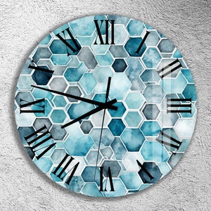May include: A round clock with a blue and gray watercolor honeycomb pattern. The clock face has Roman numerals and black hands.